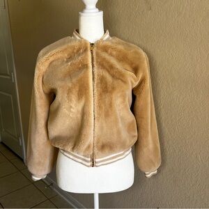 Forever 21 Girls Faux Fur Zip-Up Bomber Puffer Jacket size Girls 11/12 Tan.